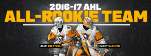 Read more about the article PENGUINS CASEY DESMITH AND JAKE GUENTZEL NAMED TO AHL’S ALL-ROOKIE TEAM