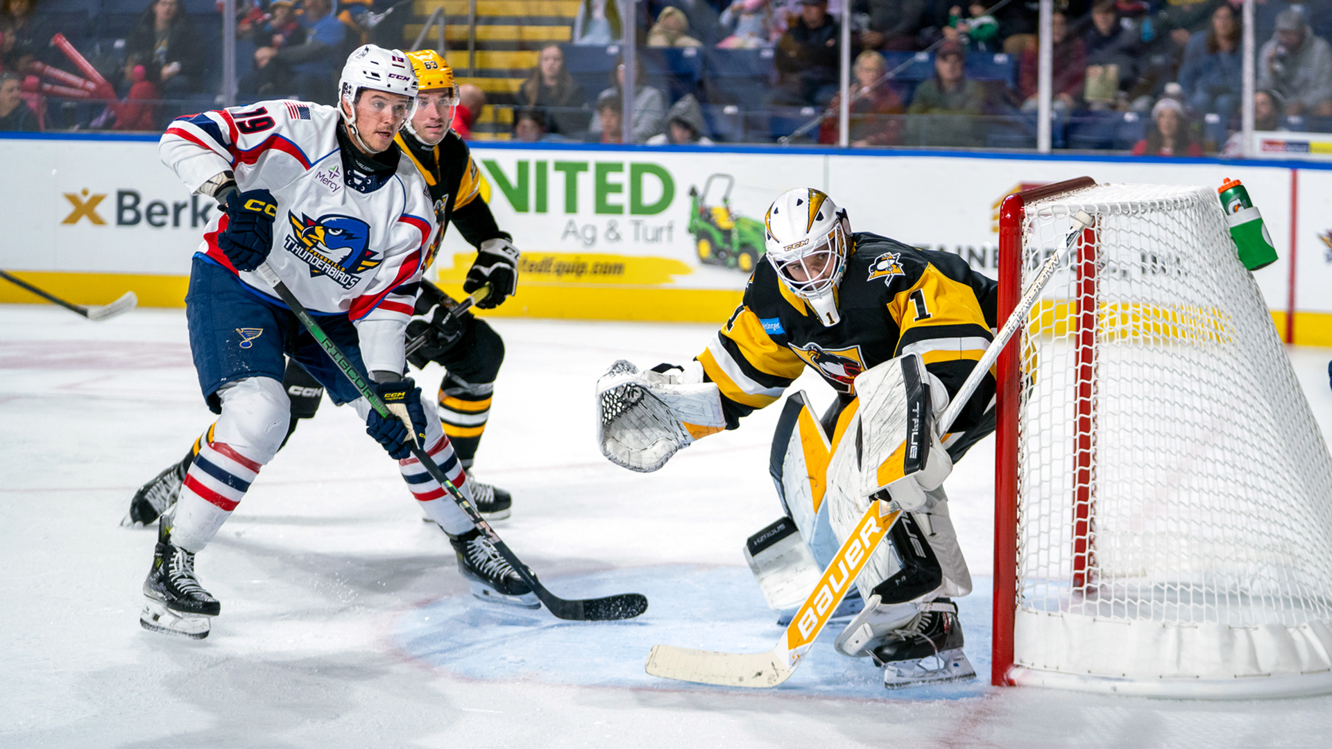 PENGUINS DEFEAT THUNDERBIRDS, 4-1, FOR FIRST WIN